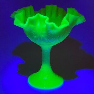 Fenton Ruffled Persian Medallion Lime Green Compote Satin Custard Uranium Glass